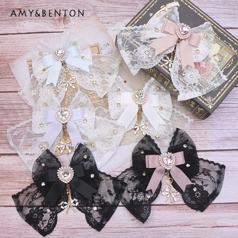 

Handmade Japanese Mine Headdress Sweet Lace Rhinestone Bow Love Pendant Hair Clips for Girls Kawaii Girl Lolita Hair Accessories