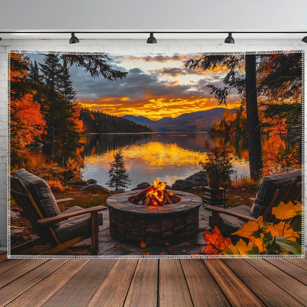 1pc Ultra Large Warm Autumn Bonfire Dusk Lake Landscape Tapestry - Premium Polyester HD Digital Print Wall Hanging with Wrinkle-