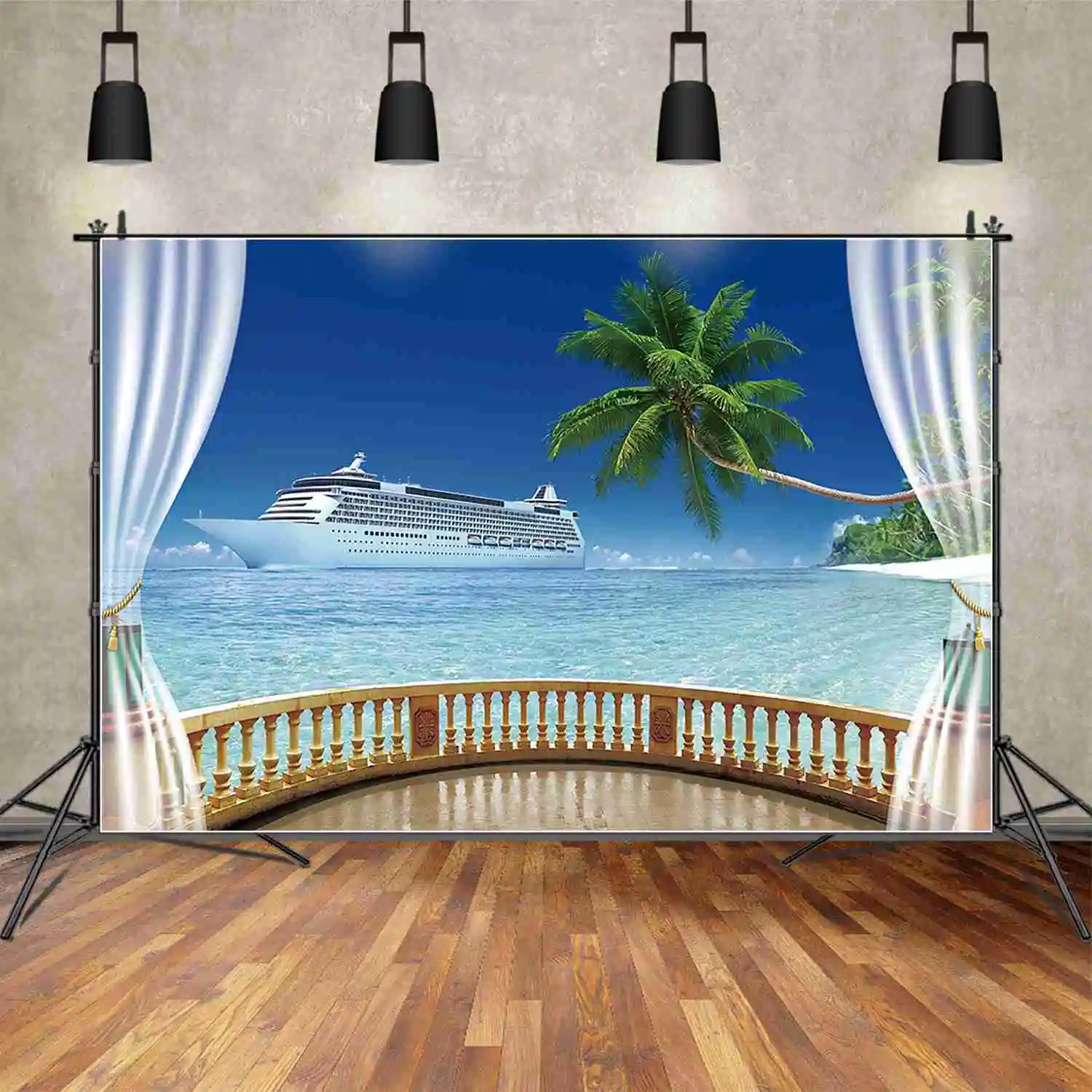 MOON.QG Tropical Ship Boat Adult Birthday Backgrounds Summer Ocean Seaside Palm Tree Backdrops Customized Party Photocall Props