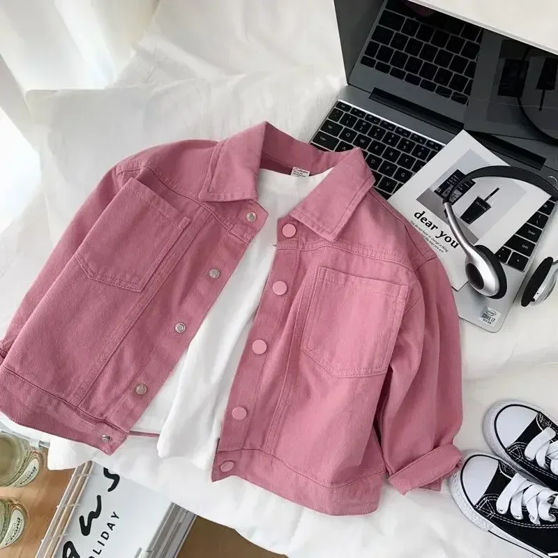 Boys Girls Denim cotton Jackets Pink Laple Tops Spring Autumn 2024 New Fashion Sweet Cute Coat Jacket Baby Girl Clothes 2-10Yrs