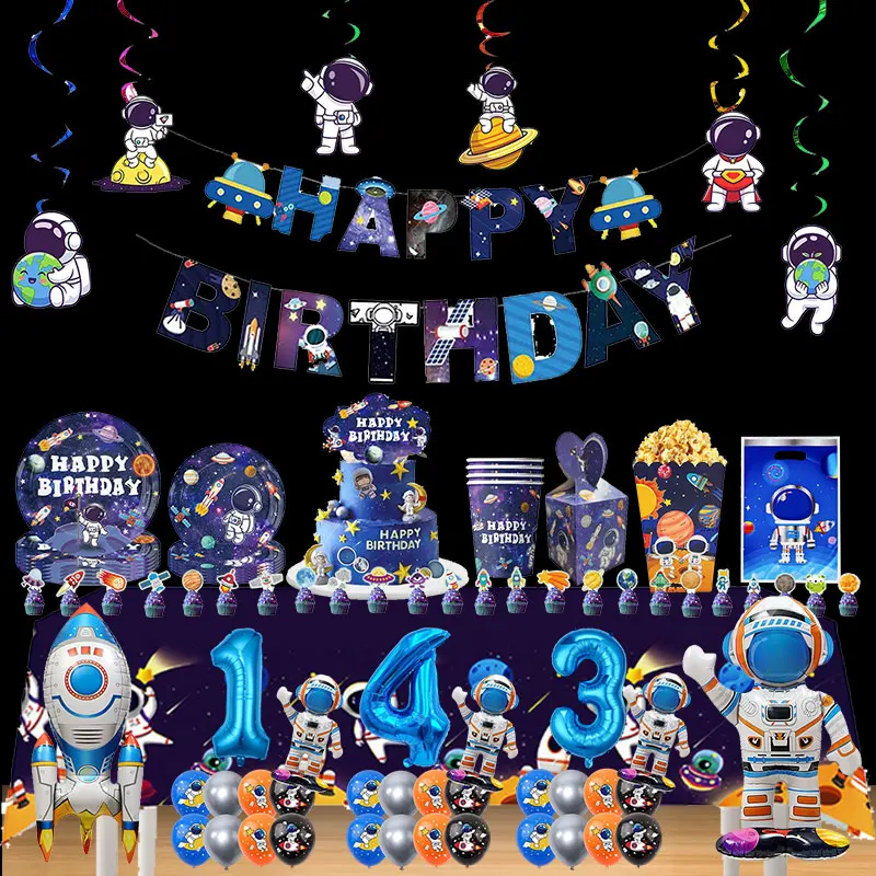 NOUVEAU Kit de Décoration d'Anniversaire Thème Astronaute pour Enfants : Assiettes, Gobelets, Ballons, Bannière Joyeux Anniversaire, Sacs, Boîtes et Fournitures de Décoration de Gâteau