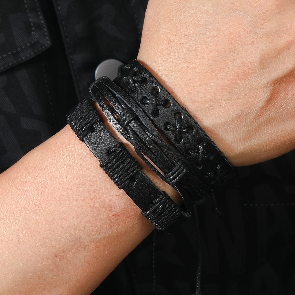 5pcs Punk rock black leather braid bracelet for men women