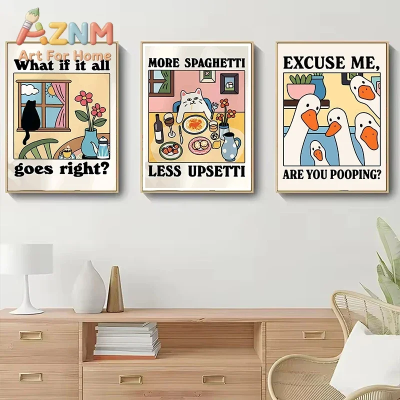 More Spaghetti & Less Regretful Cat Kitchen Canvas Print Are You Pooping Goose Wall Art Poster for Living Room Cafe Home Decor