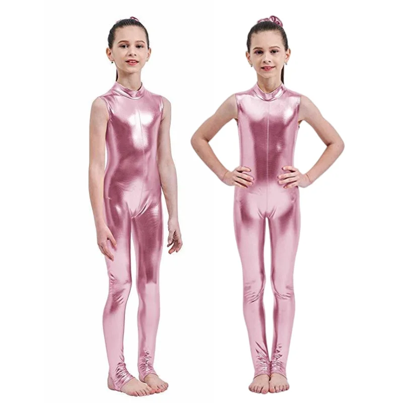 

Child Shiny Metallic Spandex Unitard Catsuit Sleeveless Dance Wear Performer Clothes Bodysuit Onstage Dancewear For Teens