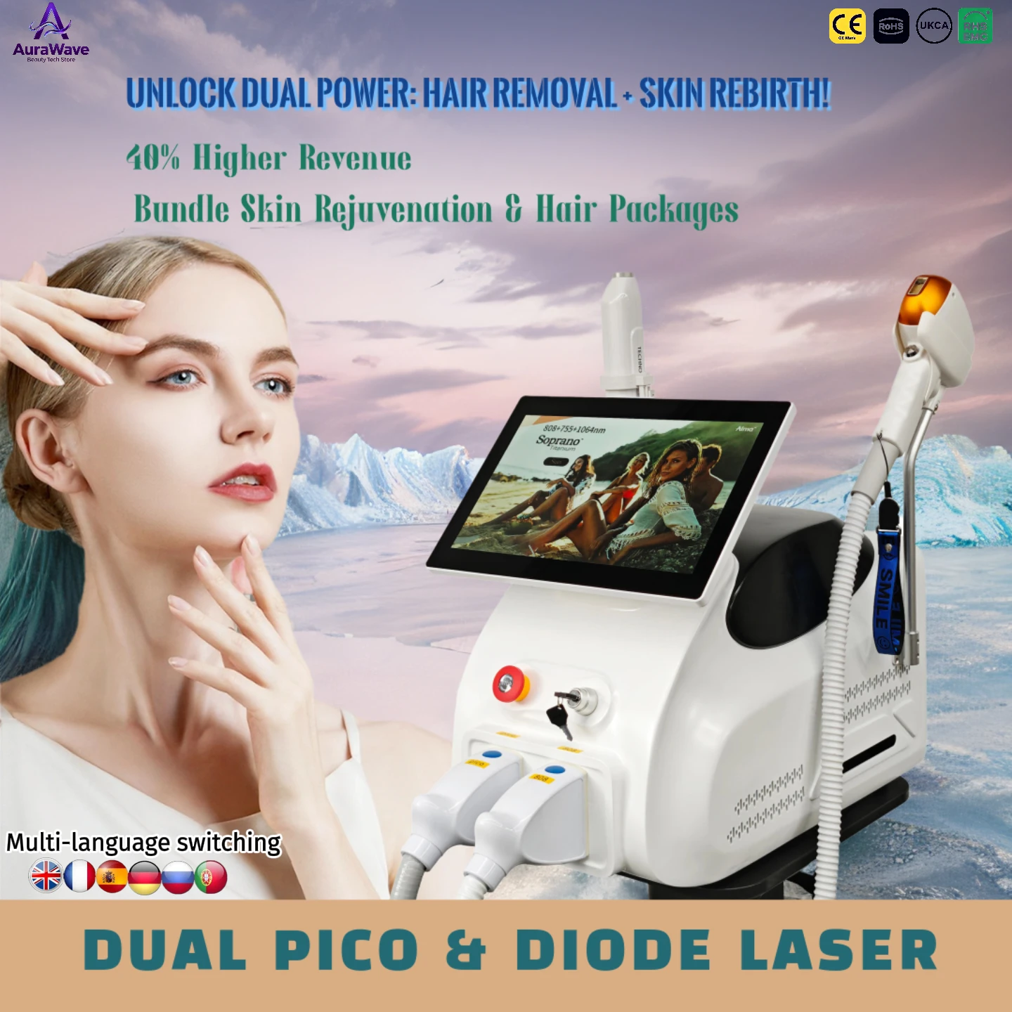 

Portable Professional 4000W Soprano Diode Ice Titanium Laser Body Hair Removal Machine 4 Waves 808nm 755 940 1064nm Device 2025