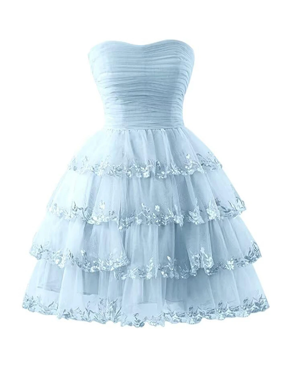 

Tiered Tulle Homecoming Dresses for Teens Lace Appliques Short Prom Dress Strapless Cocktail Party Gowns