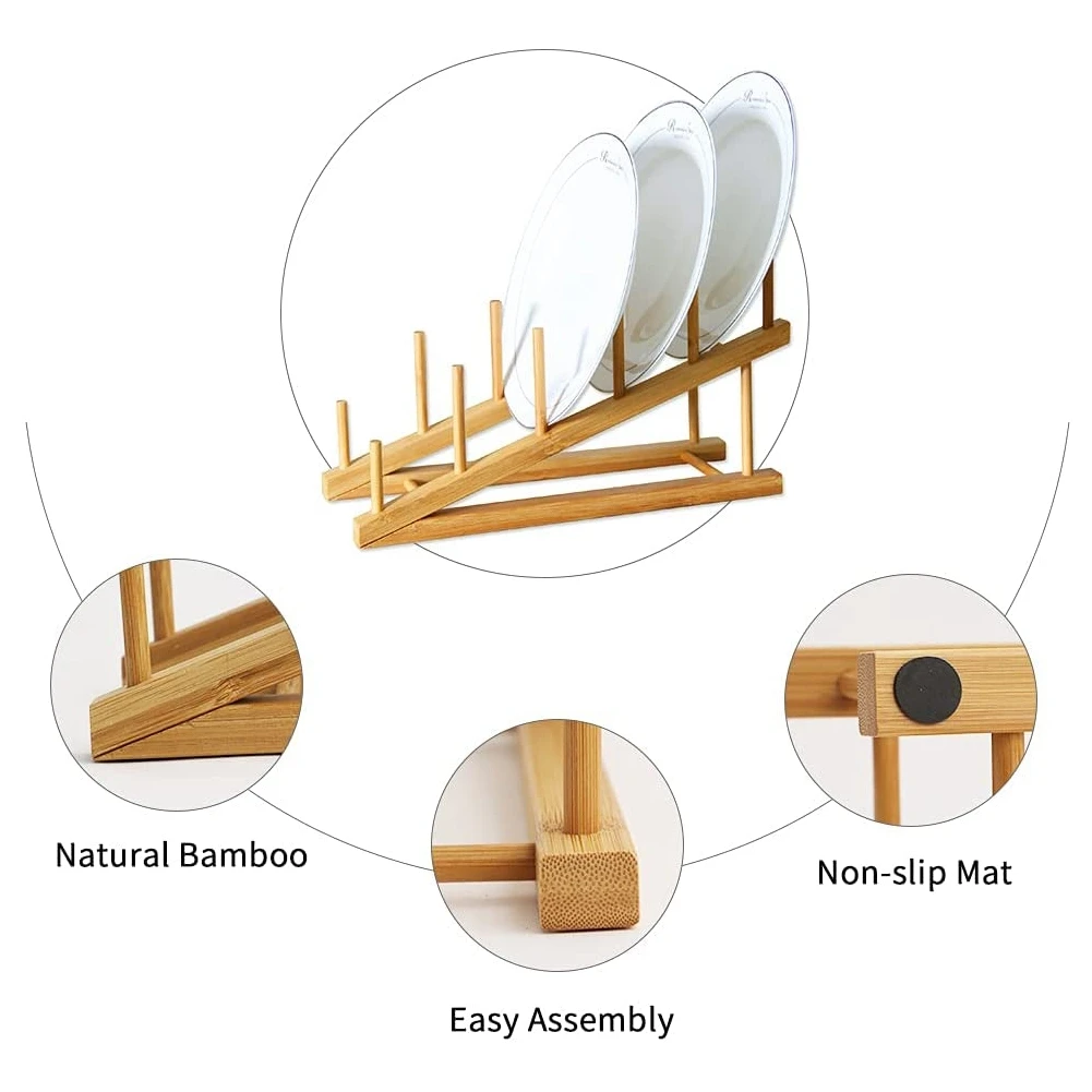 Customer Favorite 2 PCS Wooden Dish Rack Bamboo Plate Rack Stand Pot Lid Holder, Dish Drying Rack Kitchen Cabinet Organizer For
