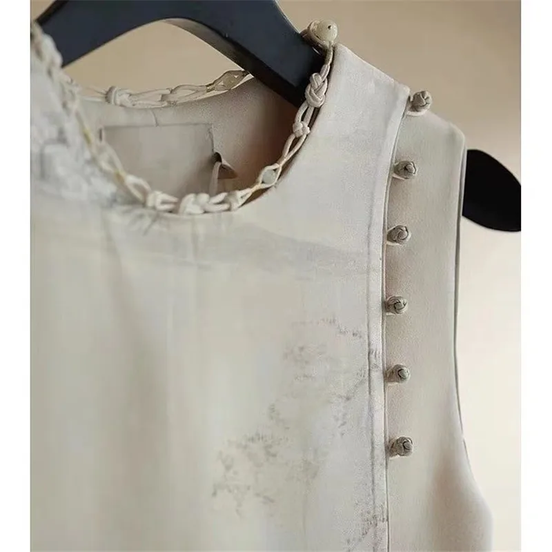 Fashion Chinese Style Printed Vest Dress Women O-Neck Sleeveless Dresses Woven Design Irregular Patchwork Vestidos Autumn 3558