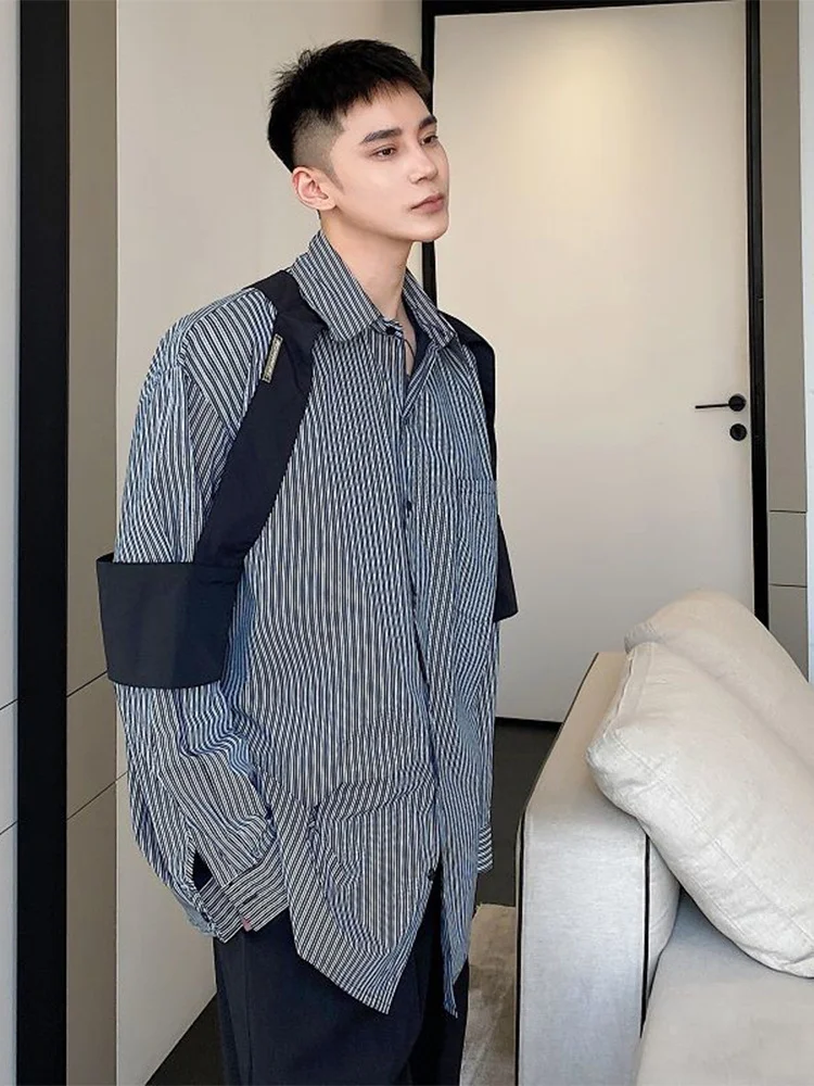 Stried Men's Shirts Shoulder Strap Design Long Sleeve Shirt Korean Tide Fashion Casual Single Breasted Tops Vintage Chic