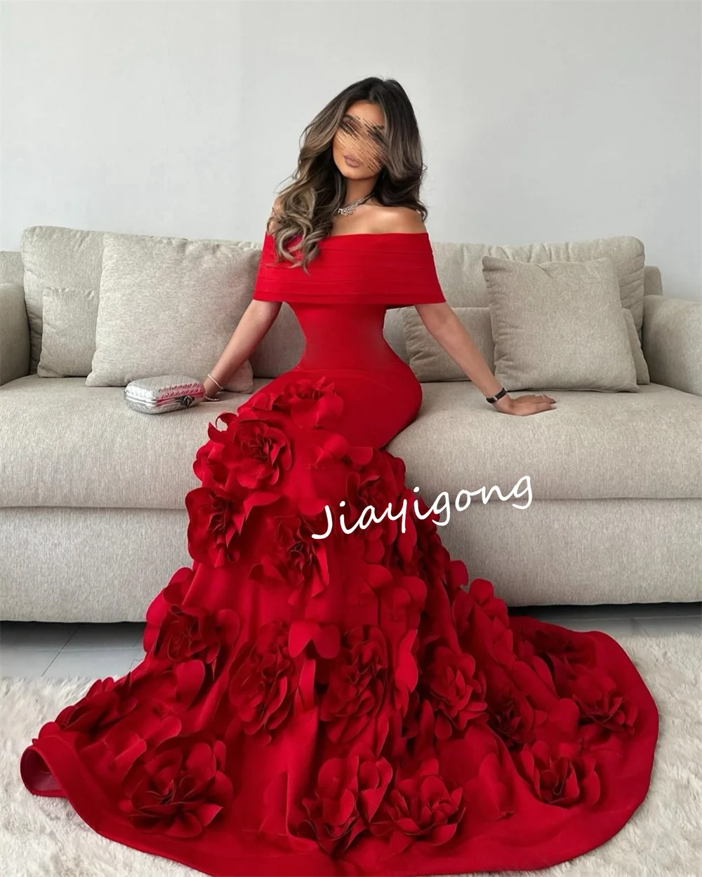 Customized Fashion Jersey Pleat Handmade Flower Trumpet Off-the-shoulder Long Dresses Bespoke Occasion Dresses Sizes Available