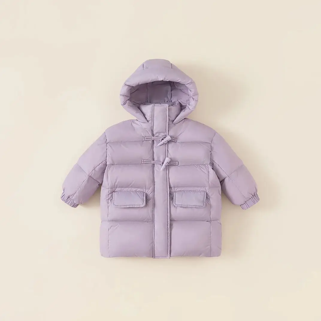 Purple Girls Duck Down Coat Winter Thicken Warm Hooded Mid-length Puffer Parka 1-8Years Girls Down Outerwear