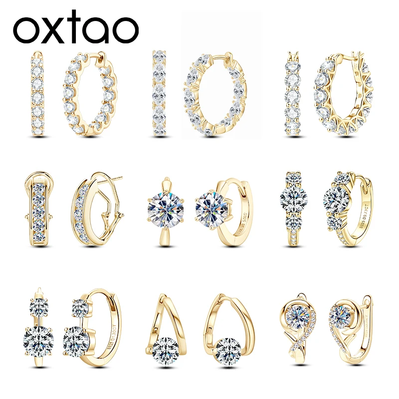 

OXTAO 925 Sterling Silver Certified Moissanite Huggie Hoop Earrings For Women 14K Gold Plated Dangle Earring Wedding Jewelry