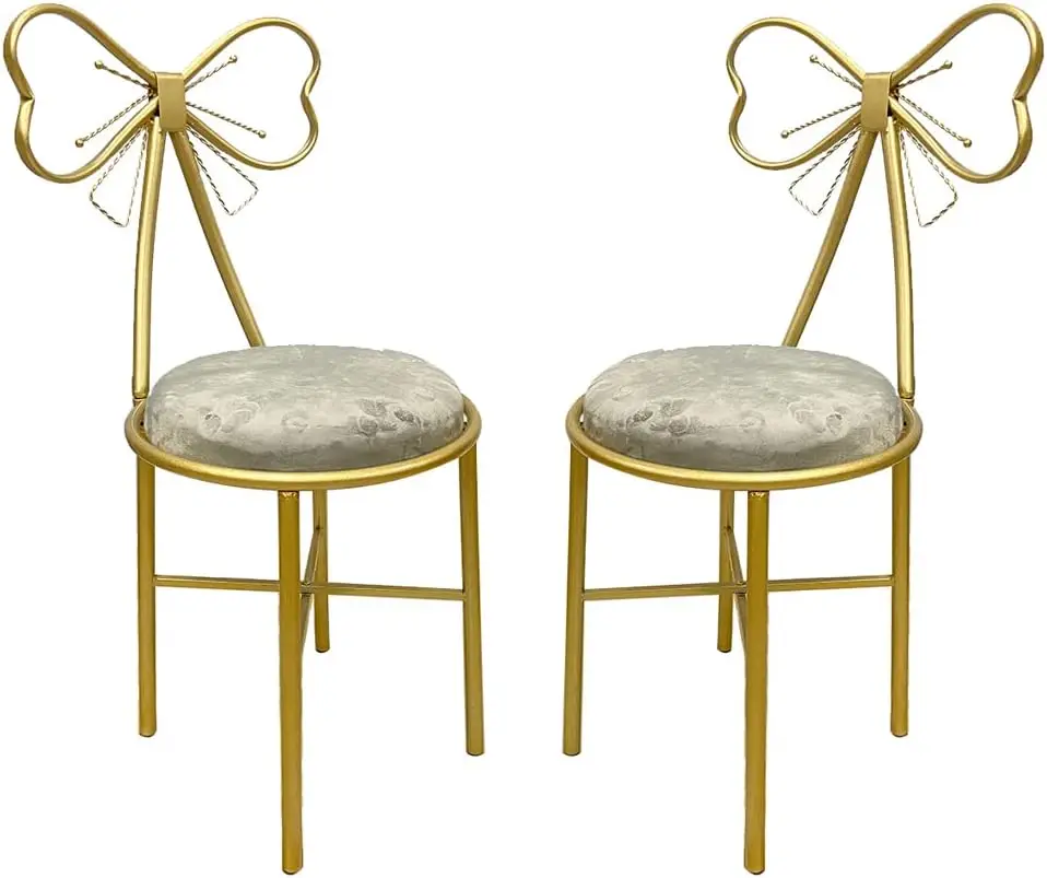 

Bow Vanity Chair Set Of 2, Makeup Bedroom Wrought Iron Dressing Stool With Bow Knot Backrest Princ Chair (Velvet Gray)