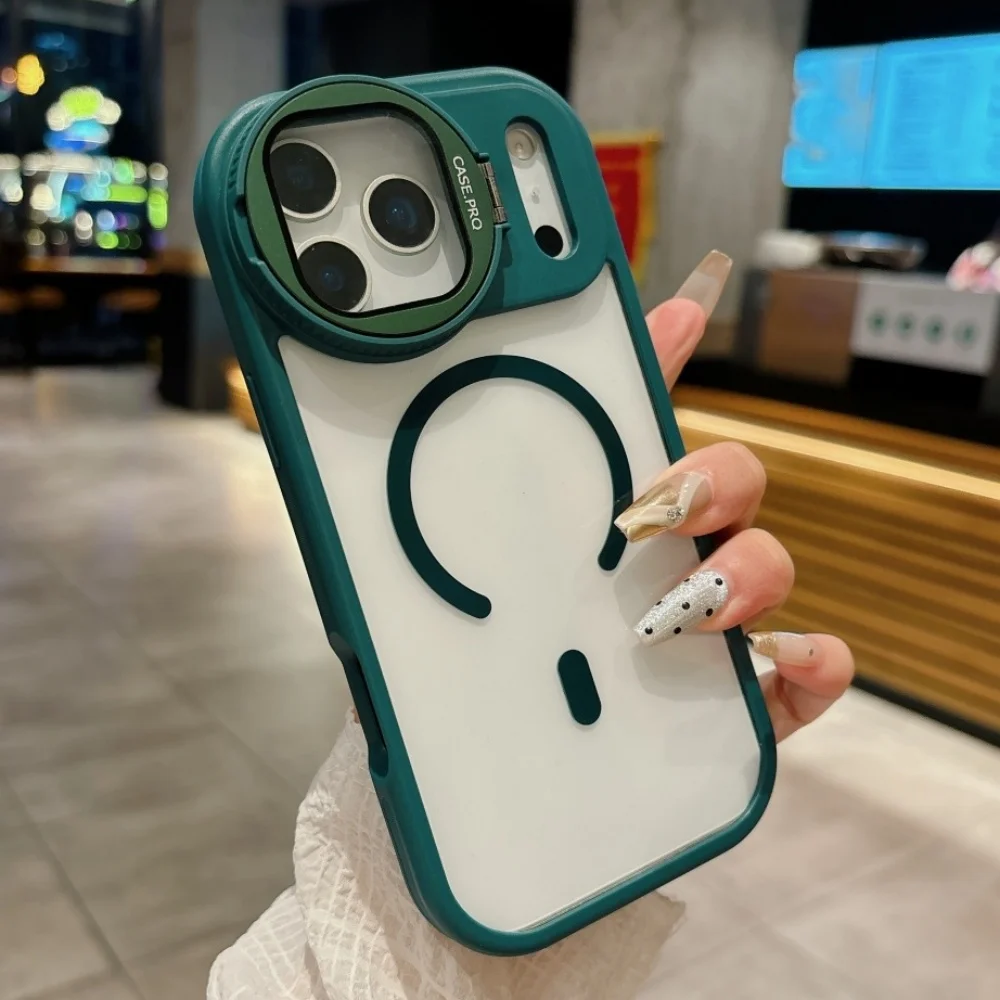 Fold Glass Lens Stand Magnetic Transparent Case For iPhone 17 13 12 11 Pro Max 16 15 14 Plus Air For Magsafe Shockproof Cover