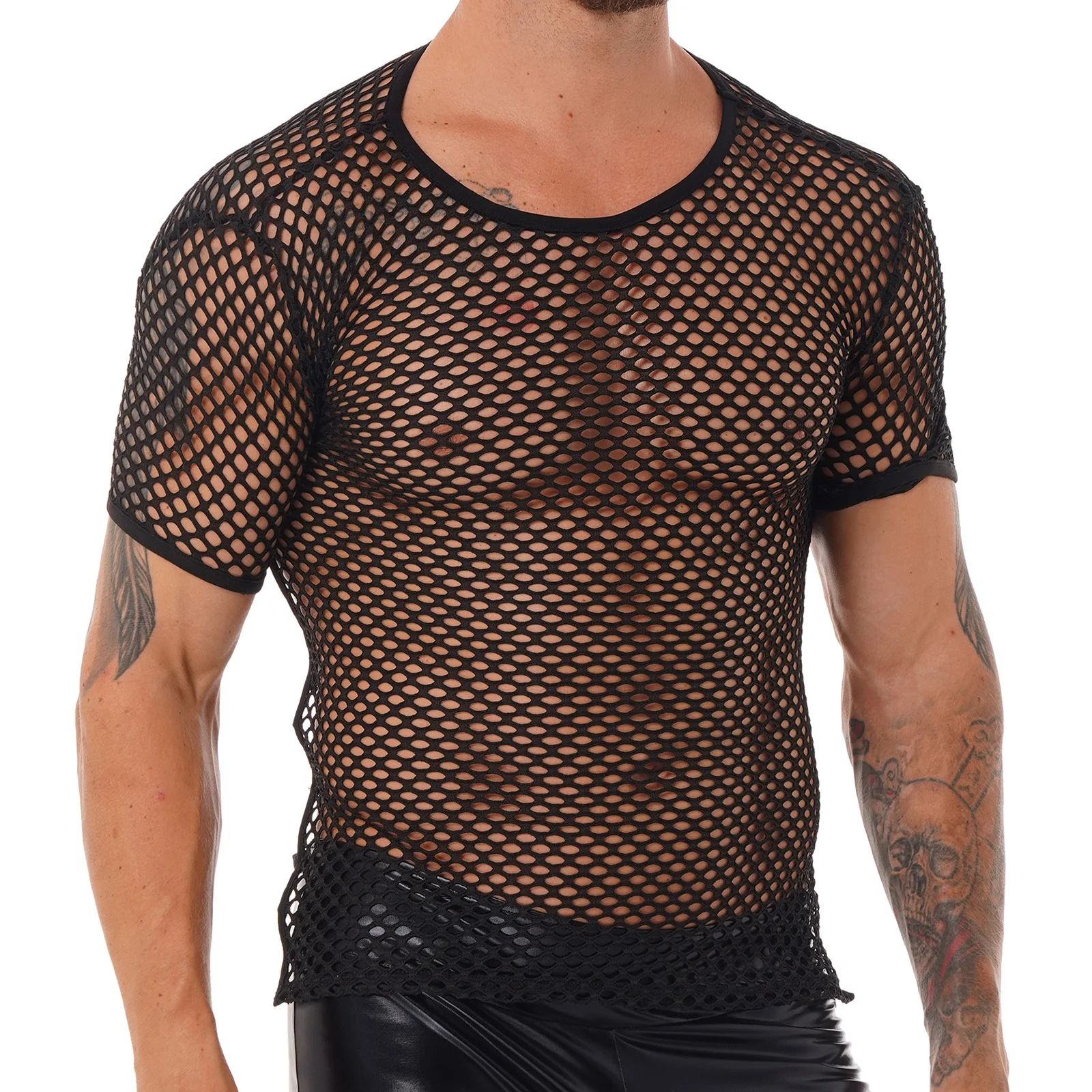 Mens T-shirt Tops Hollow Out Short Sleeve See Through Fishnet Mesh T-Shirts Round Neck Crisscross Back Performance Club wear