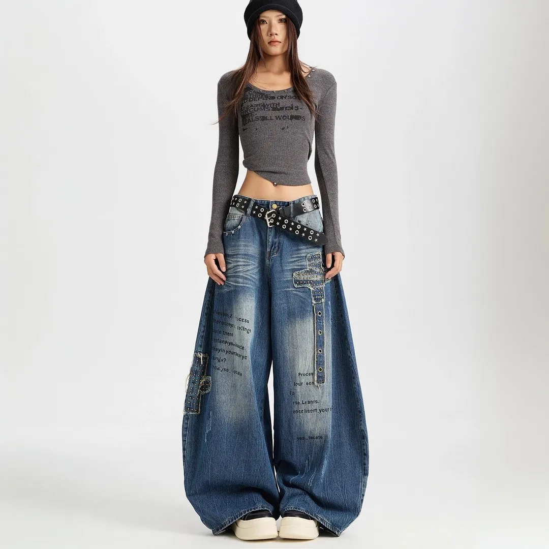 Women's Loose Wide Leg Jeans, Distressed Denim Pants, American Style, Slim Fit, Long Trousers, New Fashion, Autumn, Y2k