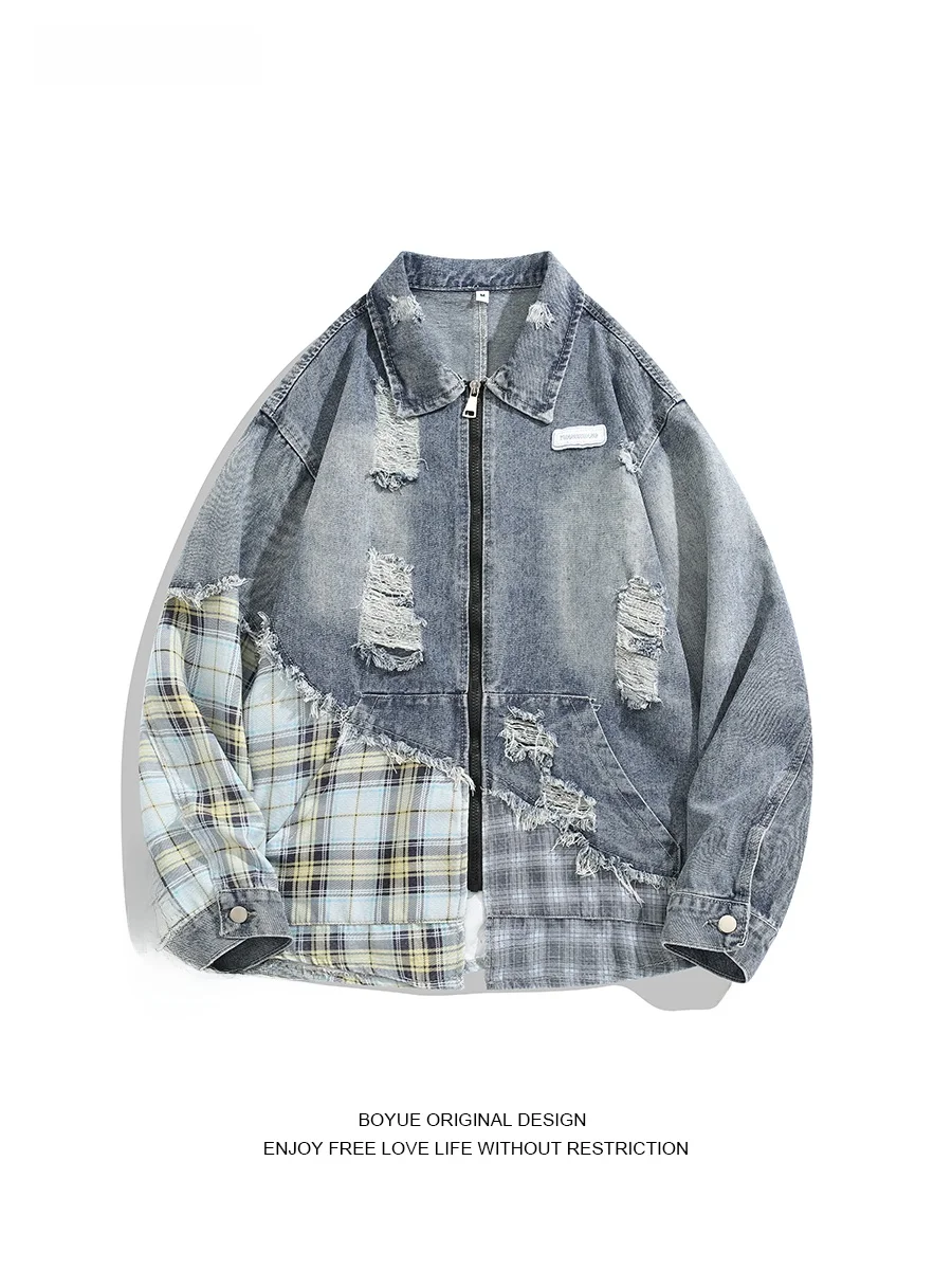 

Boyue Japanese Sle Plaid Splicing Hole Denim irt Jaet Design Sense Frayed Zipper Jaet Men Women Casual Faion