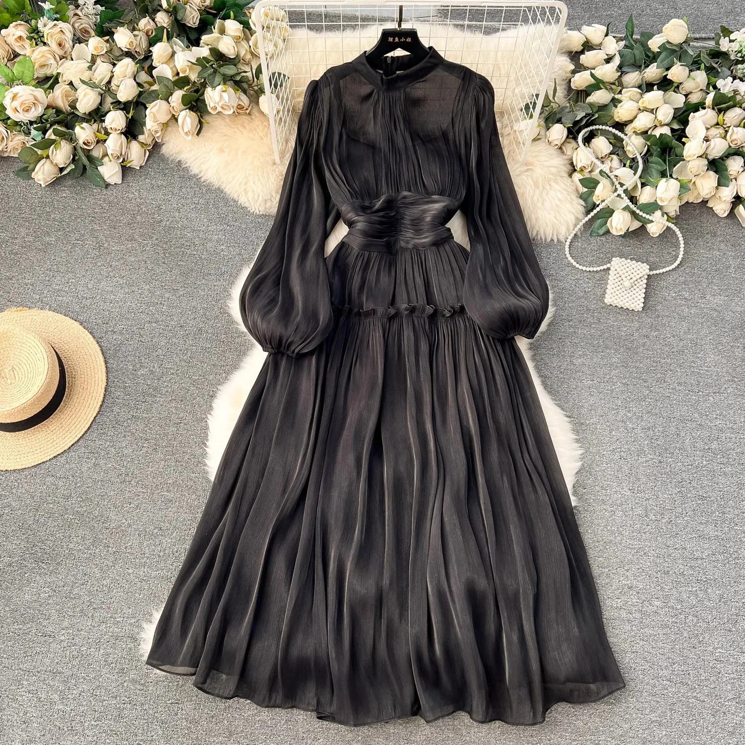 High Quality New Luxury Women Spring Summer Folds Wedding Formal Stand Collar Puff Sleeve Shine Casual Holiday Party Dresses