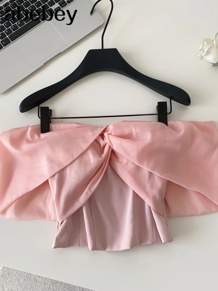 

2026 New Casual Cute Slash Neck Half Sleeve Tops Bow Voile Off Shoulder Sling Mujer Japanese Pink Irregular Exquisite Shirt