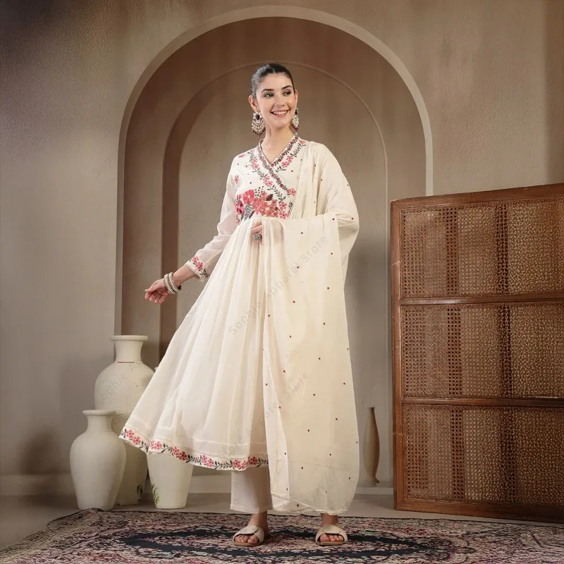 

White Cotton Anarkali Kurti Set with Pant Dupatta Floral Embroidered Indian Ethnic Wear Elegant Summer Suit for Women