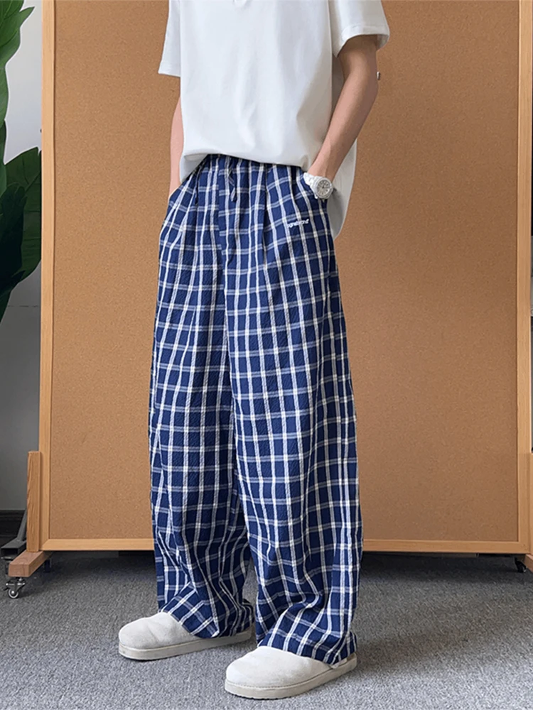 

Blue Loose Wide Leg Plaid Pants Men's Summer American Retro Draped Lazy Casual Pants Loose Relaxing Feel Blade Pants
