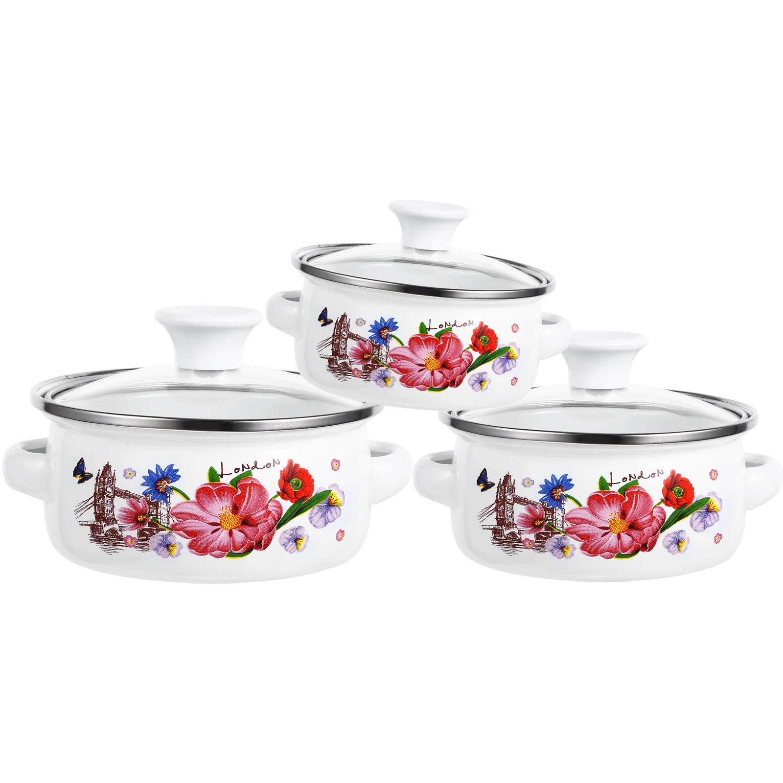 

3 Pcs Small Saucepan Three Piece Suit Double Handles Cooking Pot Enamel Decorative Stockpot Pots