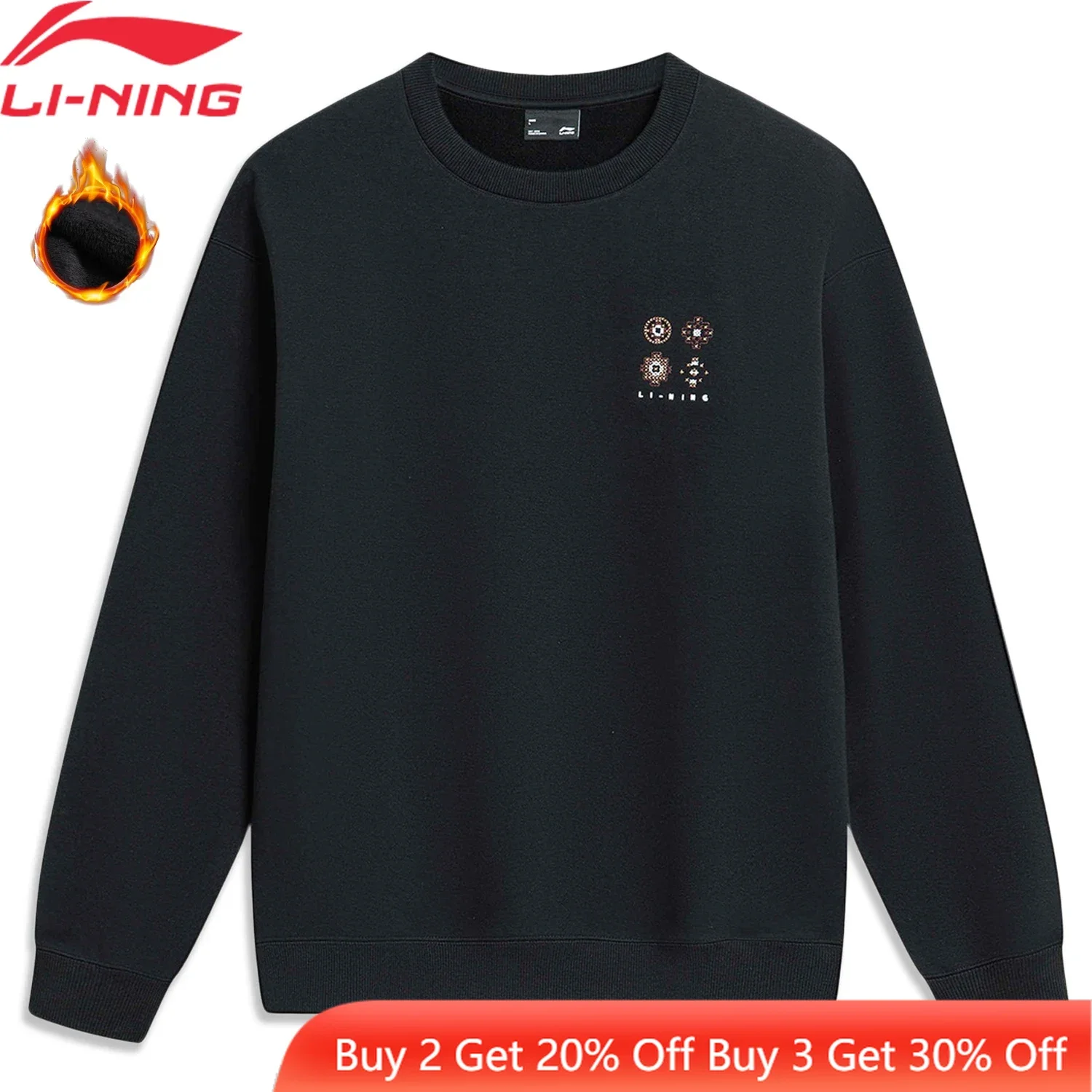 Li-Ning Men Sports Style Sweatshirt WARM AT Winter Fleece Loose Fit 65%Polyester 35%Cotton Comfortable Tops Pullover AWDT901