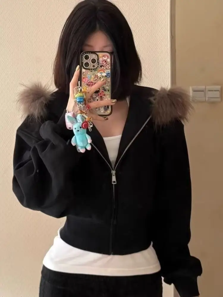 Chaqueta con capucha de manga larga Harajuku Vintage americano para mujer, abrigo informal de piel sintética de Color puro, ropa de calle con cremallera, otoño 2025