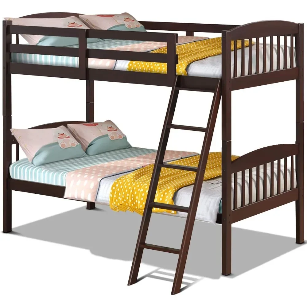 

Bunk Beds, Convertible Into Two Individual Solid Rubberwood Beds, Children Twin Sleeping Bedroom Furniture w/Ladder