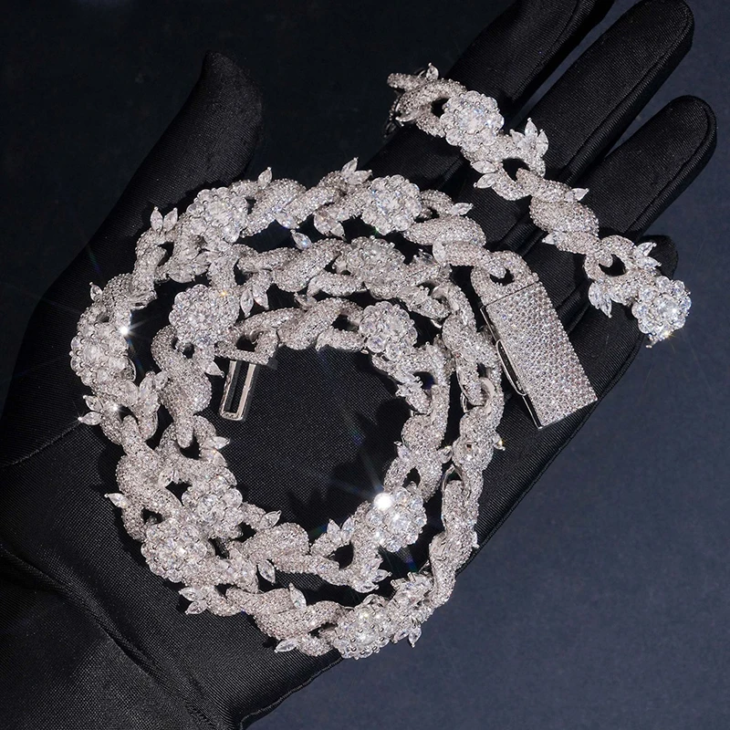 Hip Hop 5A+ CZ Stone Bling Iced Out 15mm wide Infinity Flowers Link Chain Necklace for Men Rapper Jewelry Gold Silver Color