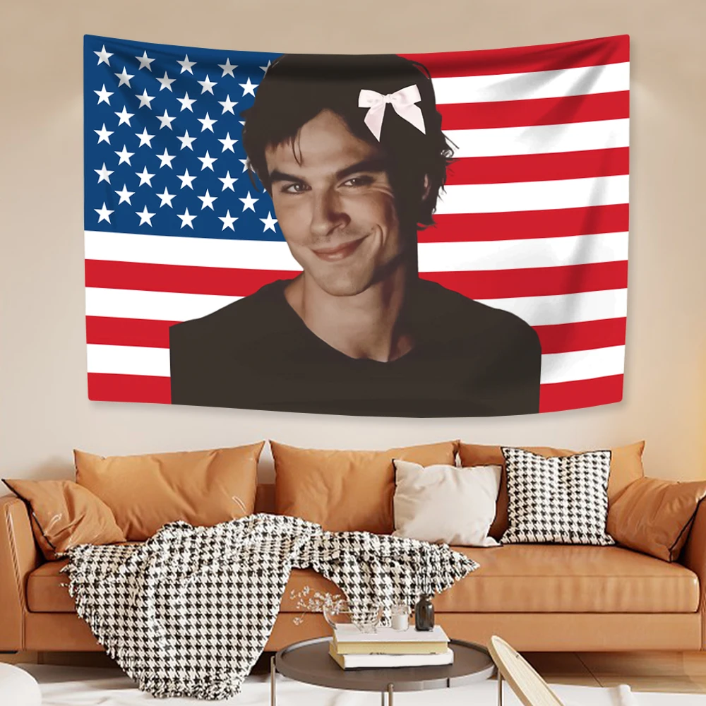 Ian Somerhalders American Flag Tapestry Classic TV Poster Damon Salvatoreas Home Decor Aesthetic Bedroom Backdrop Party Banners