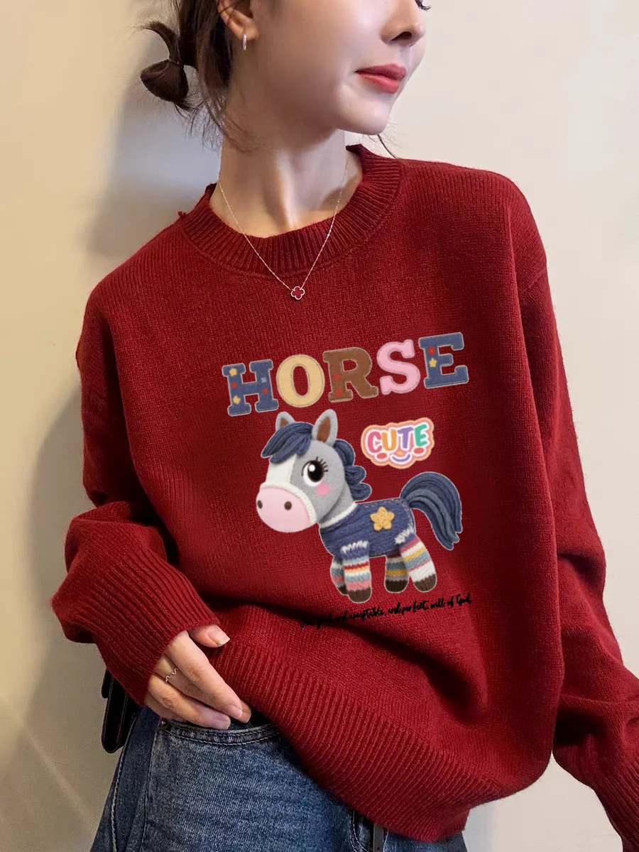 

Red Knitted Sweater Women's Loose round Ne Warm Top New Year Celebration Casual Sle Long Sve Printed Faionable Sprin...