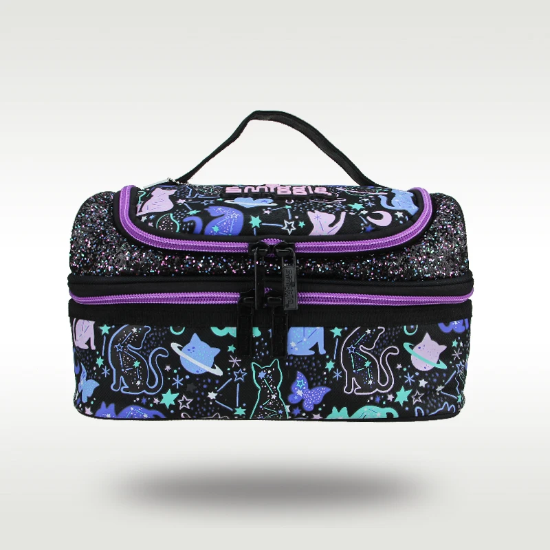 

Австралийская оригинальная детская сумка для завтрака Smiggle, сумка для девушек, черная, фиолетовая, звезда, кошка, Ланч-бокс с изоляцией для фруктов, 9 дюймов