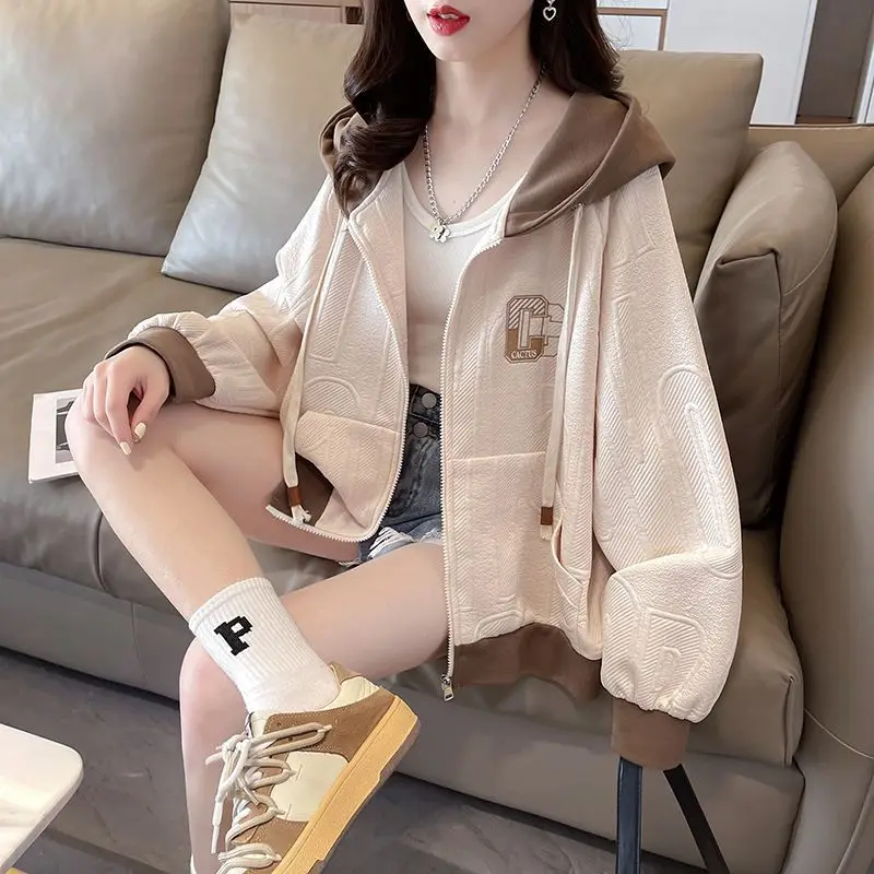 Fashion Spliced Letter Embroidery Hoodies Sweatshirts Female Clothing 2024 Autumn New Loose Young Style Tops Casual Sweatshirts