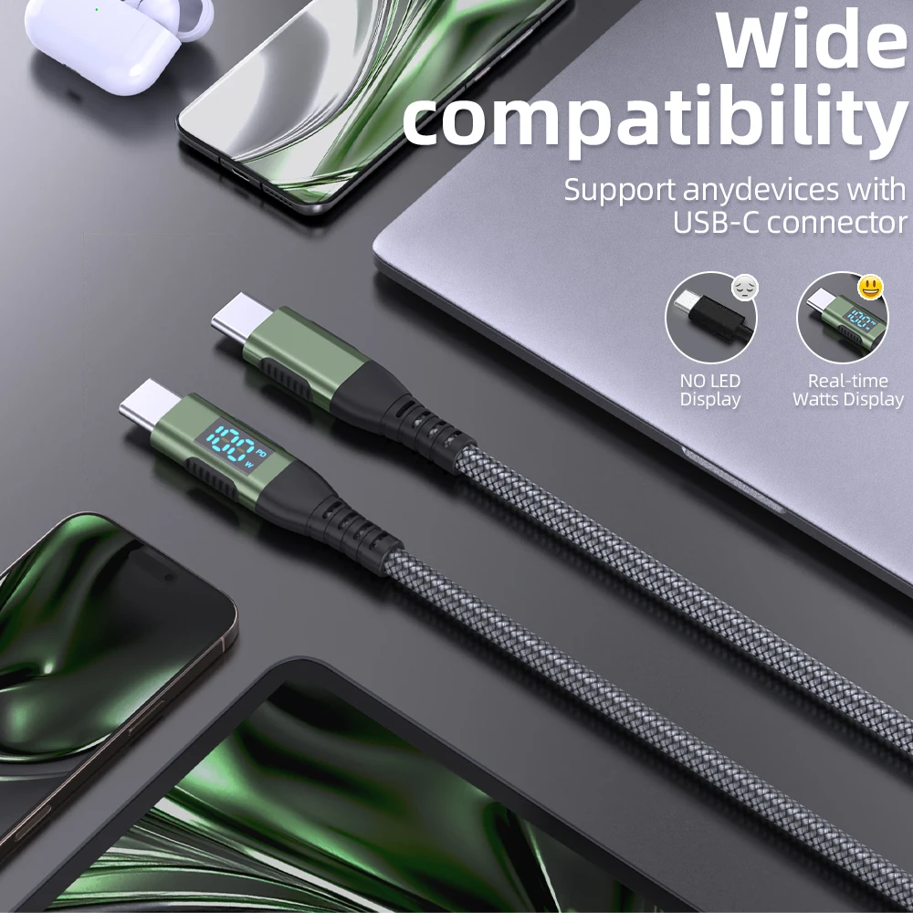 100 واط USB C إلى USB C كابل نوع C PD 5A FastCharging لشاشة LED النايلون مضفر شاحن الحبل آيفون 16 15 ماك بوك باد