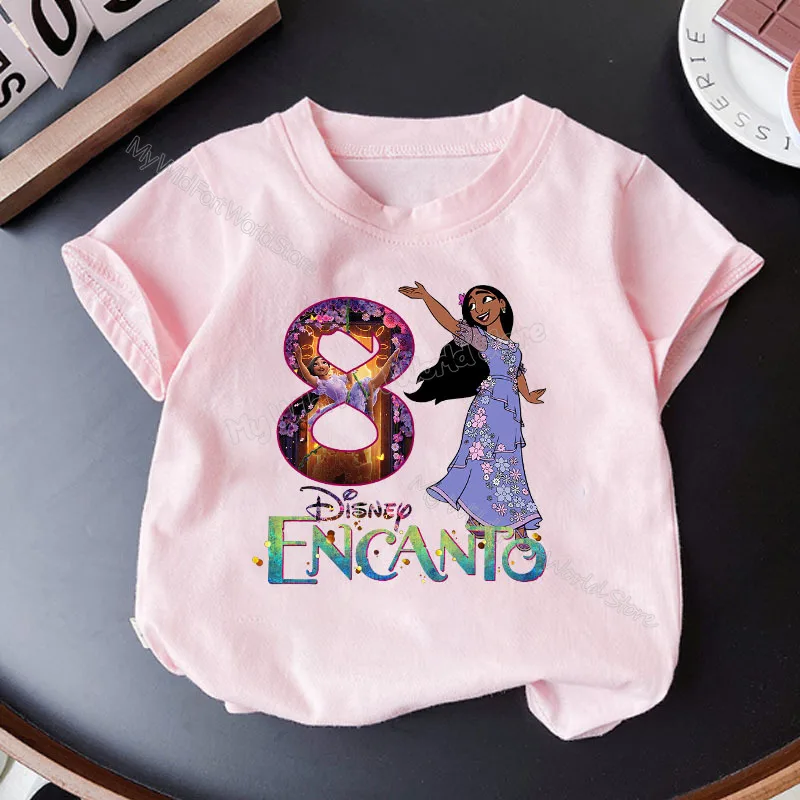 Disney Encanto Isabella Girl Purple T Shirt Pink Birthday Number Cotton Tee Shirt Infant Anime Cartoon Tops Baby Summer Clothes