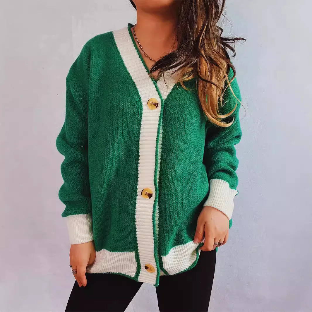 2025 Women Streetwear Casual Patch Knitted Cardigan For Women's Elegant V-neck Long-sleeved Ladies Street Loose Knitted Sweater