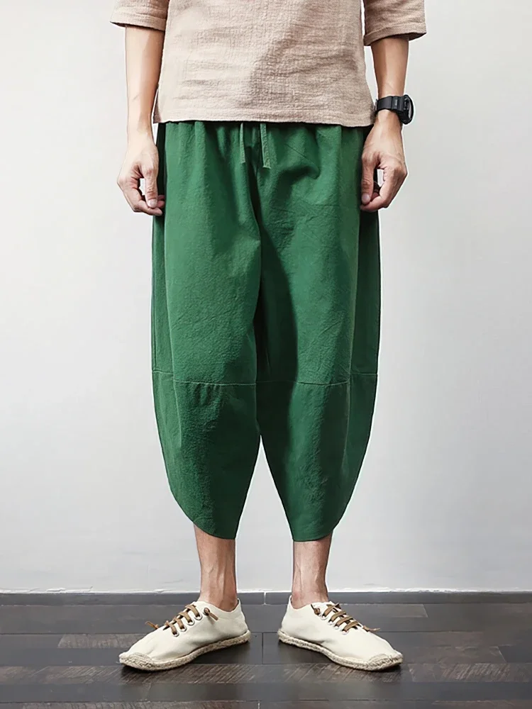 Beach Summer Cotton Linen Cargo Shorts Men Baggy Wide leg Casual Capris Pants Male Sport Running Shorts 2025 Harem Trousers