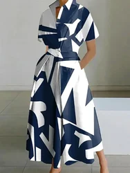 Lemongor 2025 New Women's Short Sleeves Lapel Midi Dresses Summer Fashion Geometry Printed Urban Casual A-Line Long Dress