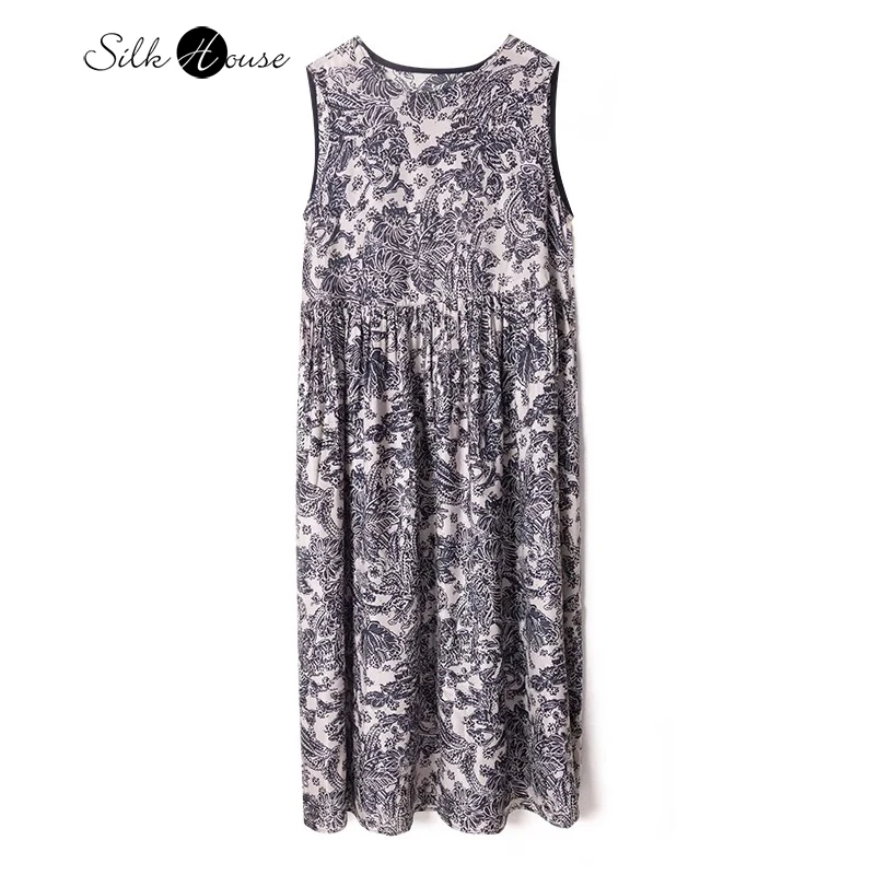 

2025 Summer Casual New Blue Celadon Positioned Printing 100% Natural Mulberry Silk Women's Fashion Round Neck Tank Top Dress