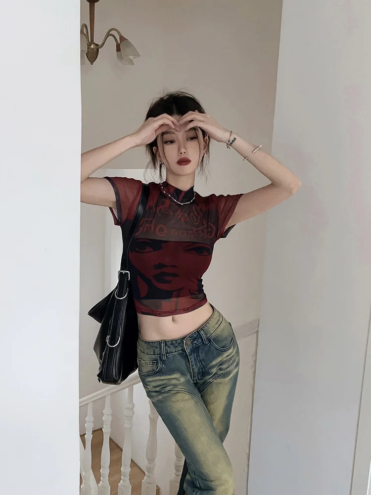 American Hot Girls Printed Short Sleeve T-shirt Women's Summer Short Fit Slim Fit High Waist Open Navel Small Top