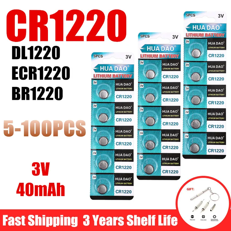 5-100PCS CR1220 Button Coin Cell Battery for Watch Car Remote Key CR 1220 DL1220 ECR1220 BR1220 3V Lithium Batteies 3V 40mAh