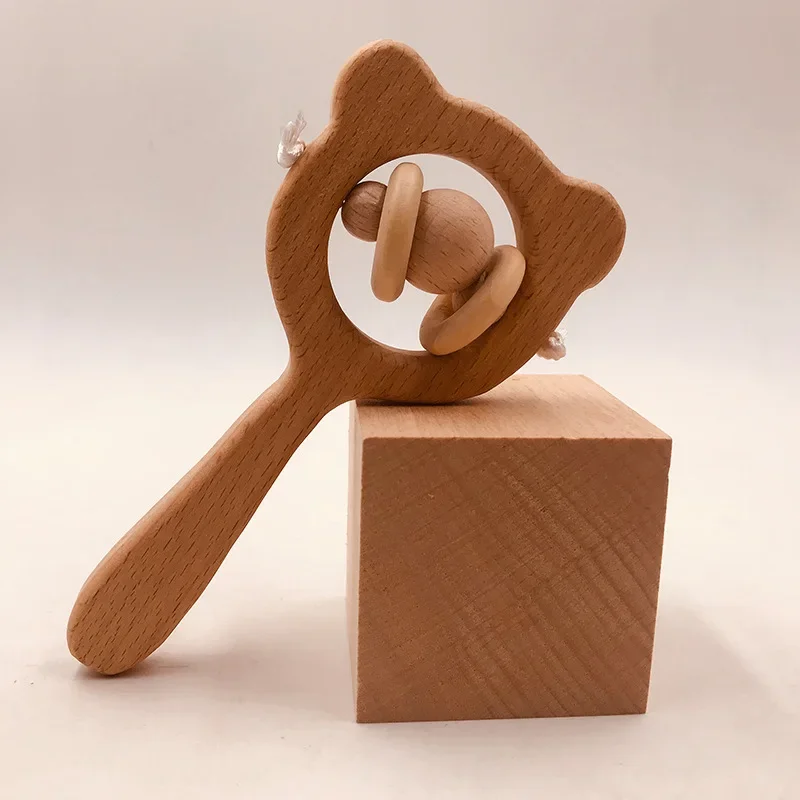 

Baby Toys Beech Wood Bear Hand Teething Wooden Ring Baby Rattles Play Gym Montessori Stroller Toys Educational Toys