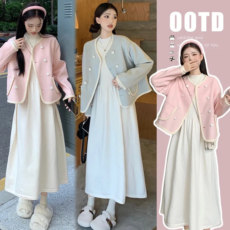 Maternity Outfit 2025 Autumn New Style Minimalist Elegant Temperament Soft Comfortable Long Sleeve High Waist Dress and Coat