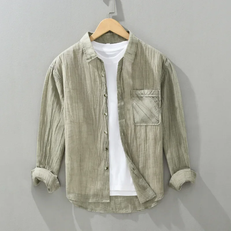 Japanese Vintage Shirt Men Spring Summer 55% Linen Long Sleeve Shirt Man Lapel Lazy Style Pleated Designer Shirts Breathable Top
