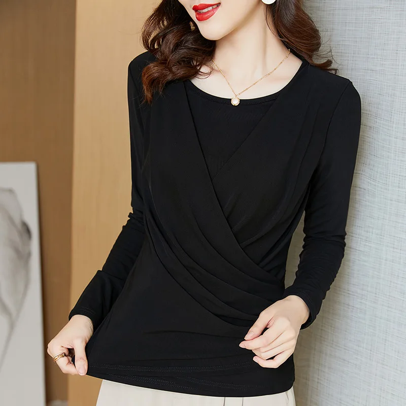 New Round Neck Cross Long Sleeved Women Bottom Shirt Fashion Casual Solid Color M-4XL Mesh Tops