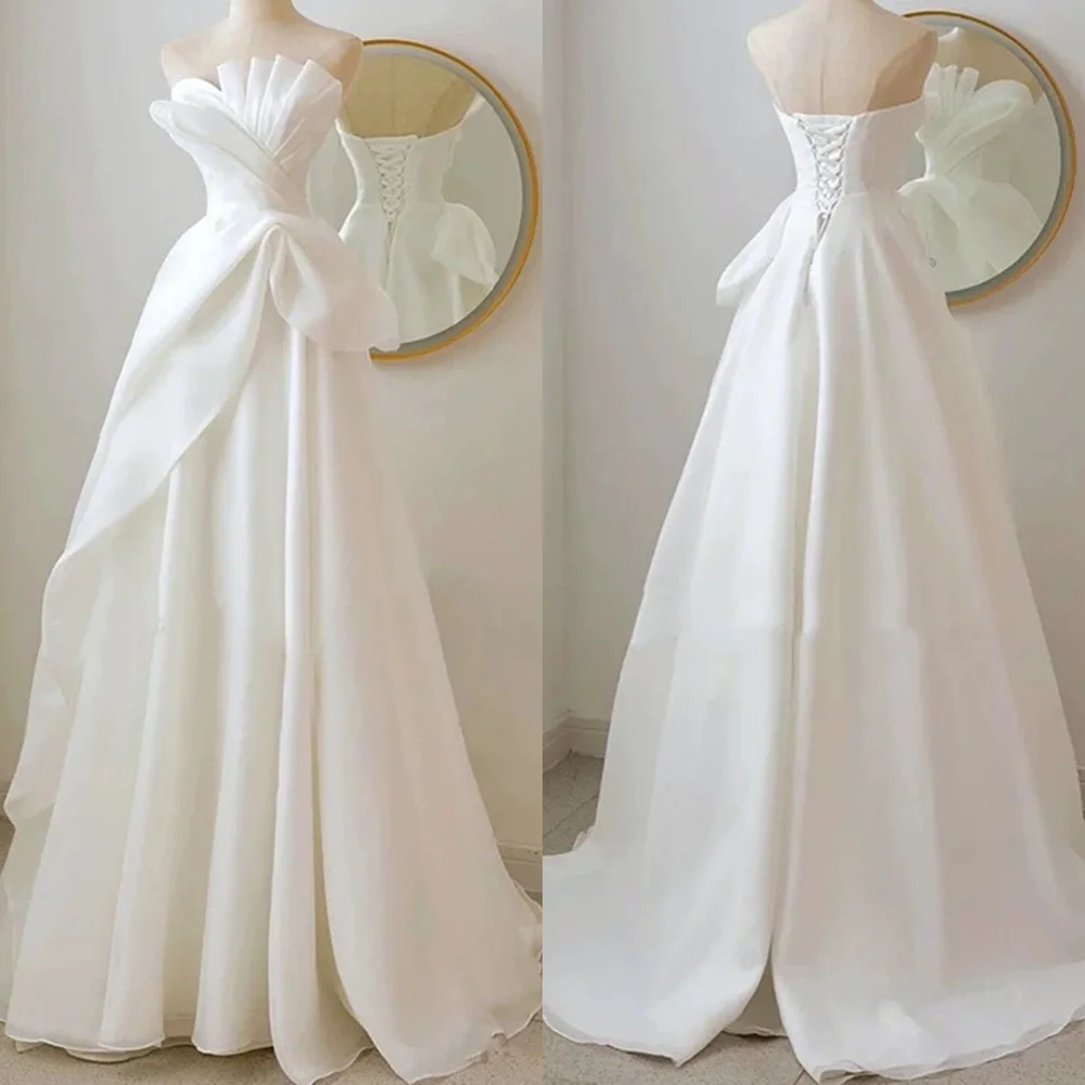 

Customized Temperament White Chiffon Evening Dress Exquisite Strapless Sleeveless Lace Up Back Sweep Train Homecoming Dress