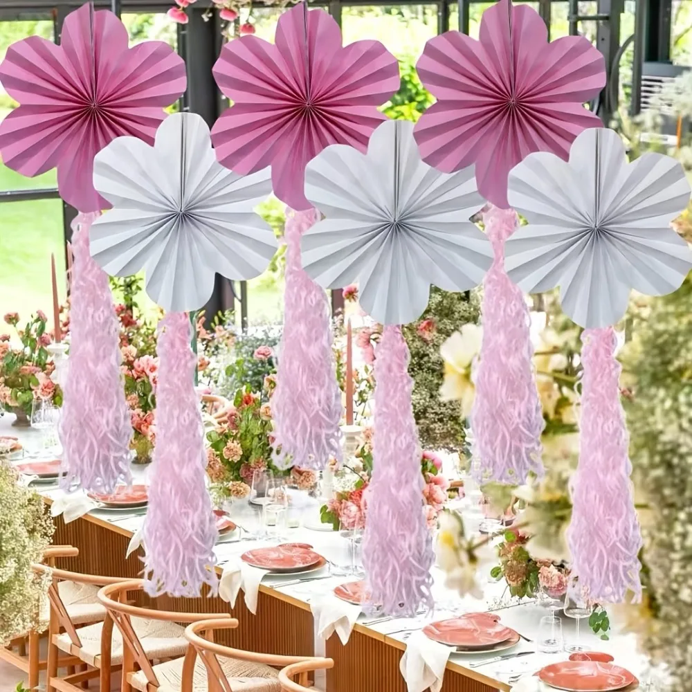 12 Piezas de Abanicos de Papel con Flores Rosas y Blancas, Decoración Colgante en Espiral para Bodas, San Valentín, Cumpleaños, Graduaciones, Día de la Madre, Artículos para Fiestas