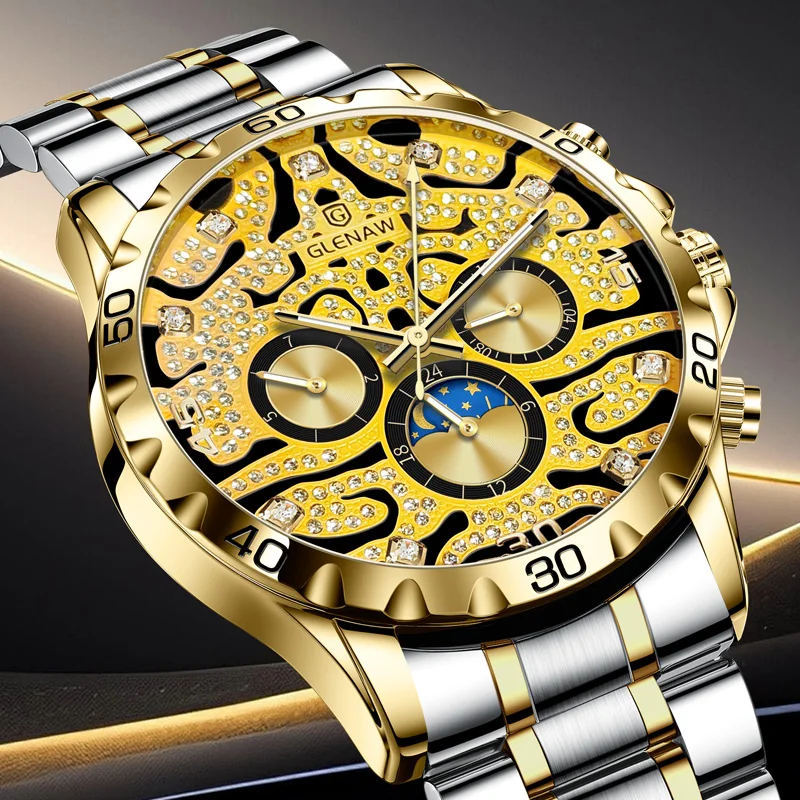 

GLENAW NEW Gold Skeleton Watch for Men Fashion Diamond Luxury Automatic Mechanical Watches Luminous Hands Stainless Steel Strap