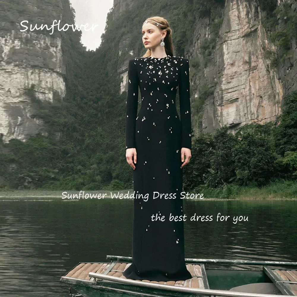 Sunflower Black Beading O-Neck Mermaid Formal Evening Dress Saudi Arabia 2024 Slim Crepe Long Floor-Length Prom Dress